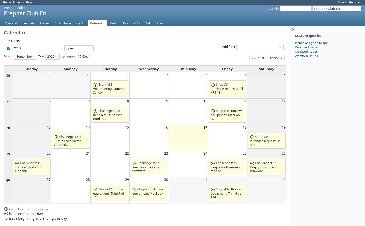 Screenshot of the platform's calendar showing day-by-day member activity