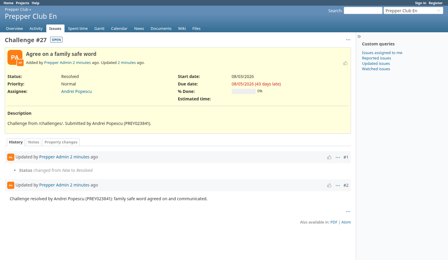Screenshot of a solved challenge on the platform, with history and a note from the member who solved it