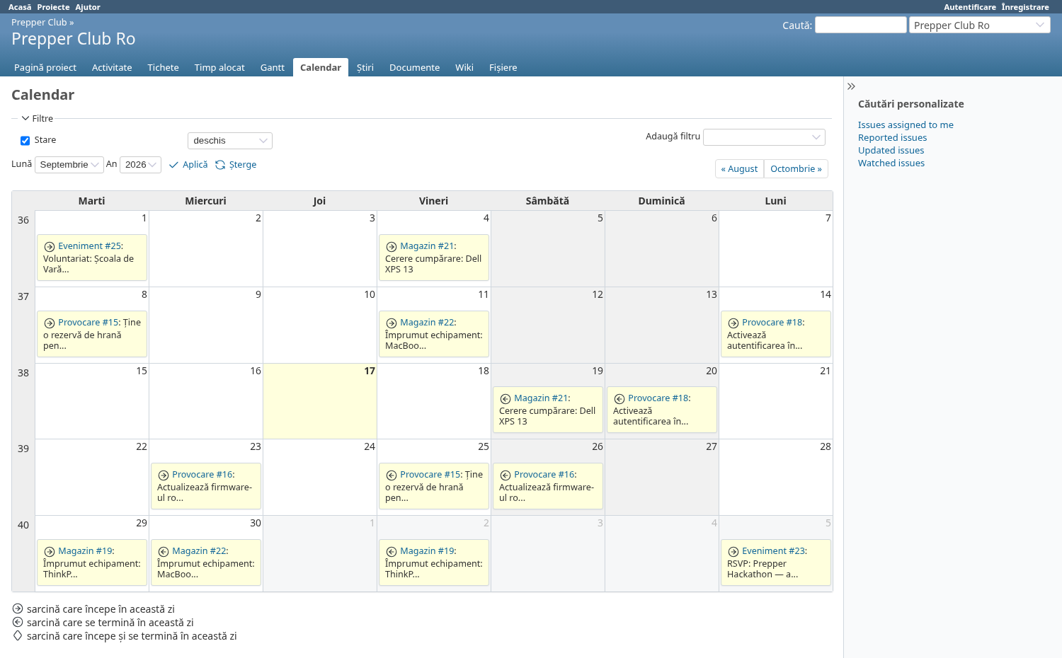 Captură de ecran cu calendarul platformei arătând activitatea membrilor zi de zi