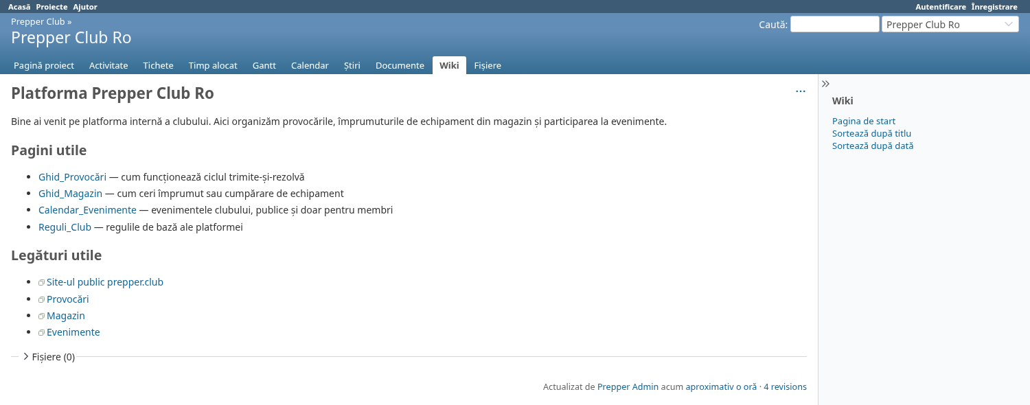 Captură de ecran cu wiki-ul platformei, cu ghiduri pentru provocări, magazin, evenimente și regulile clubului