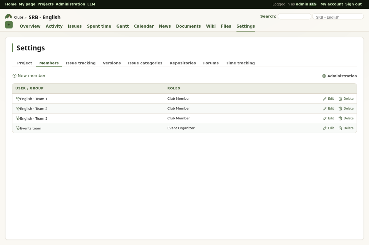 Screenshot of a club's member list showing three student teams as groups