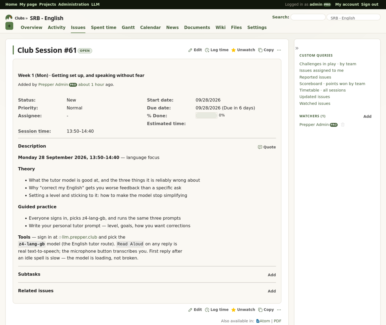 Screenshot of a single club session showing its theory, practice and project-work sections