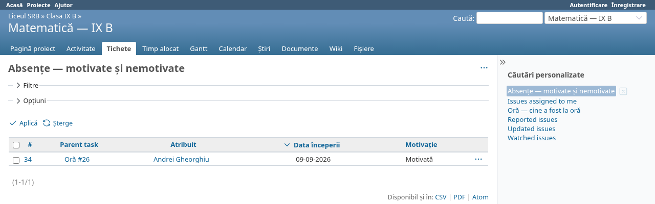 Screenshot of the absence report, excused and unexcused