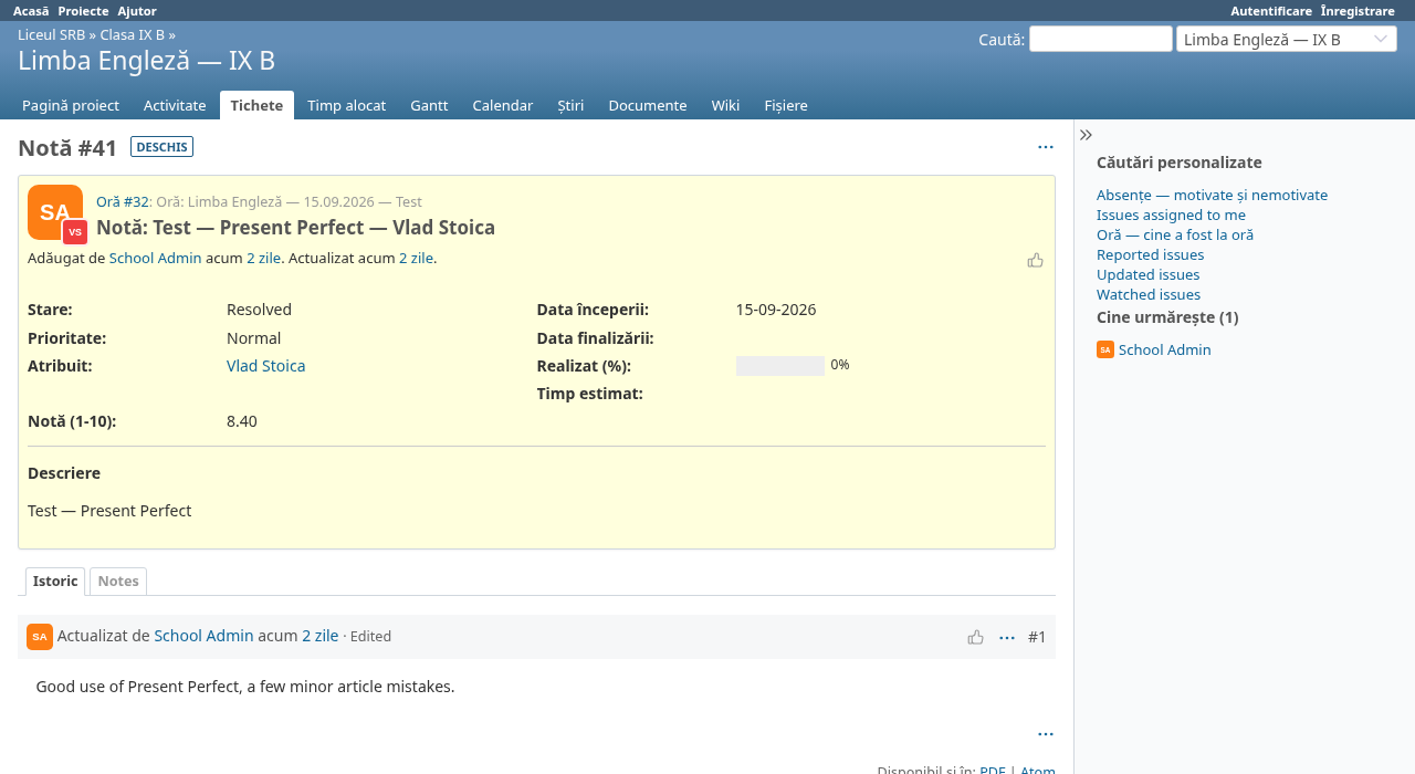 Screenshot of a grade's detail, with the Grade (1-10) field and teacher feedback