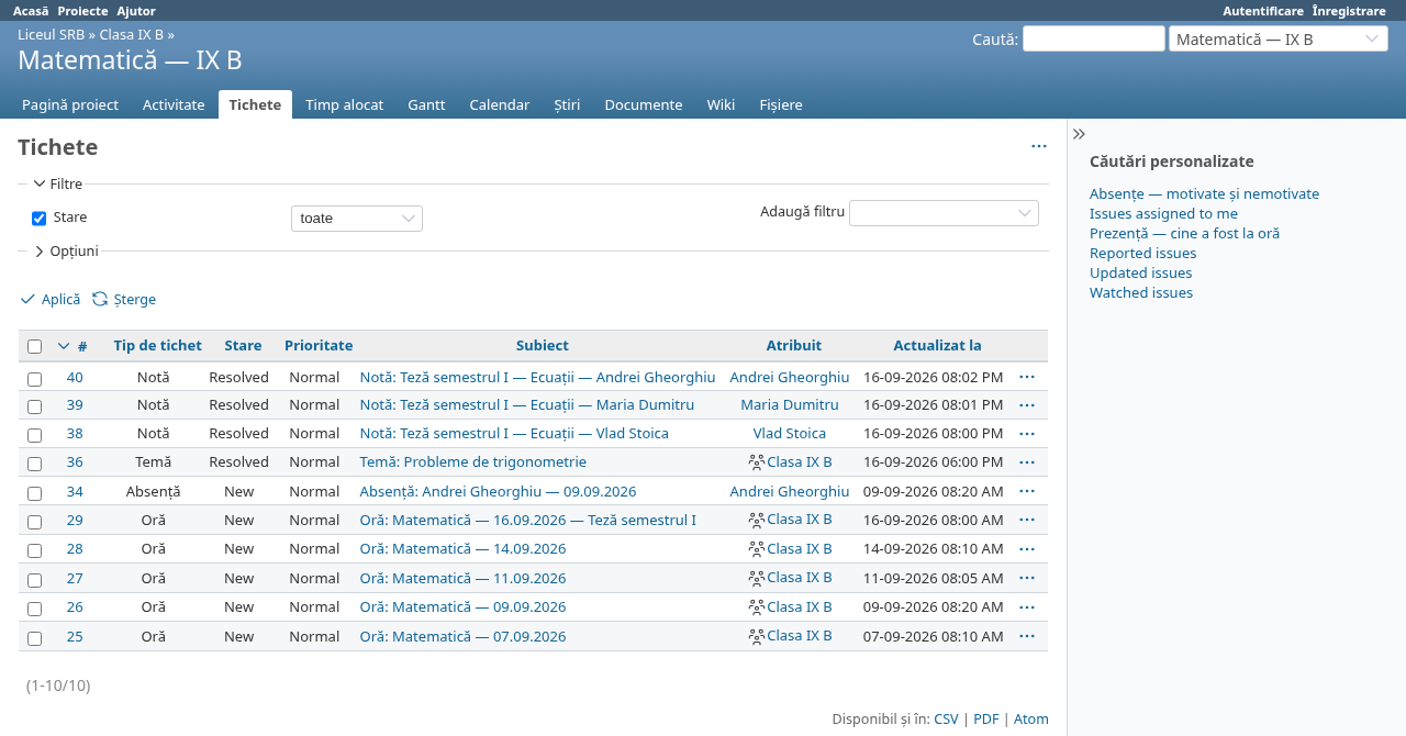 Screenshot of the sessions, absences, grades, and homework list for a Math class