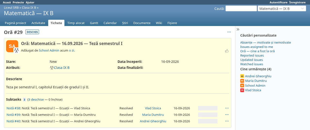 Screenshot of a class session, with present students as watchers and grades as child items