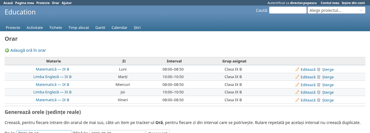 Screenshot of the timetable admin screen, visible to the Principal
