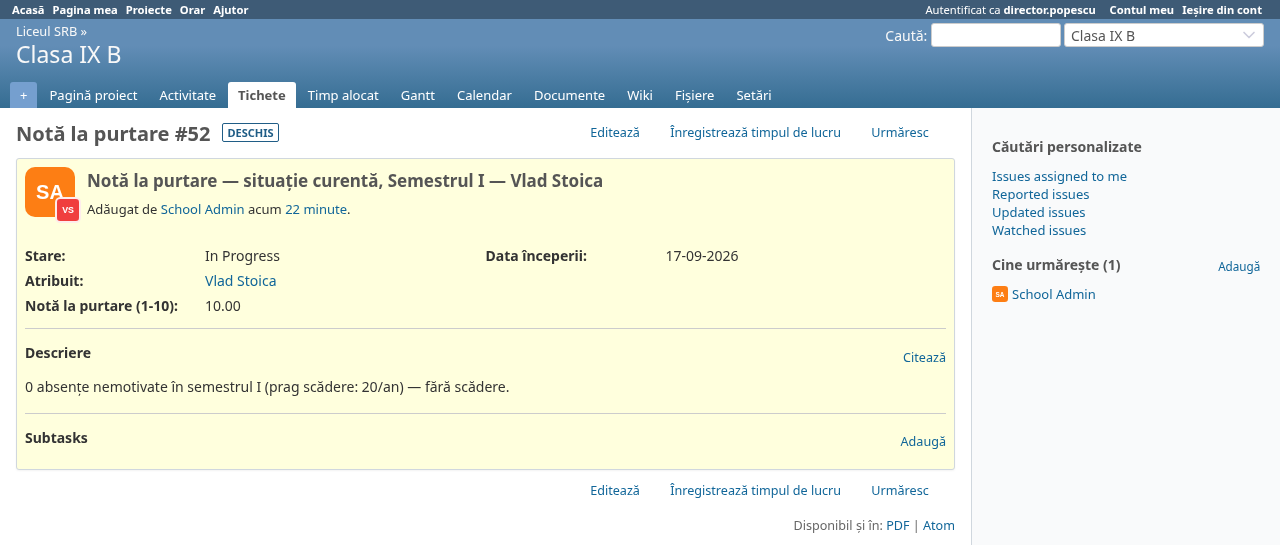 Screenshot of a conduct-grade item, with the Conduct grade (1-10) field