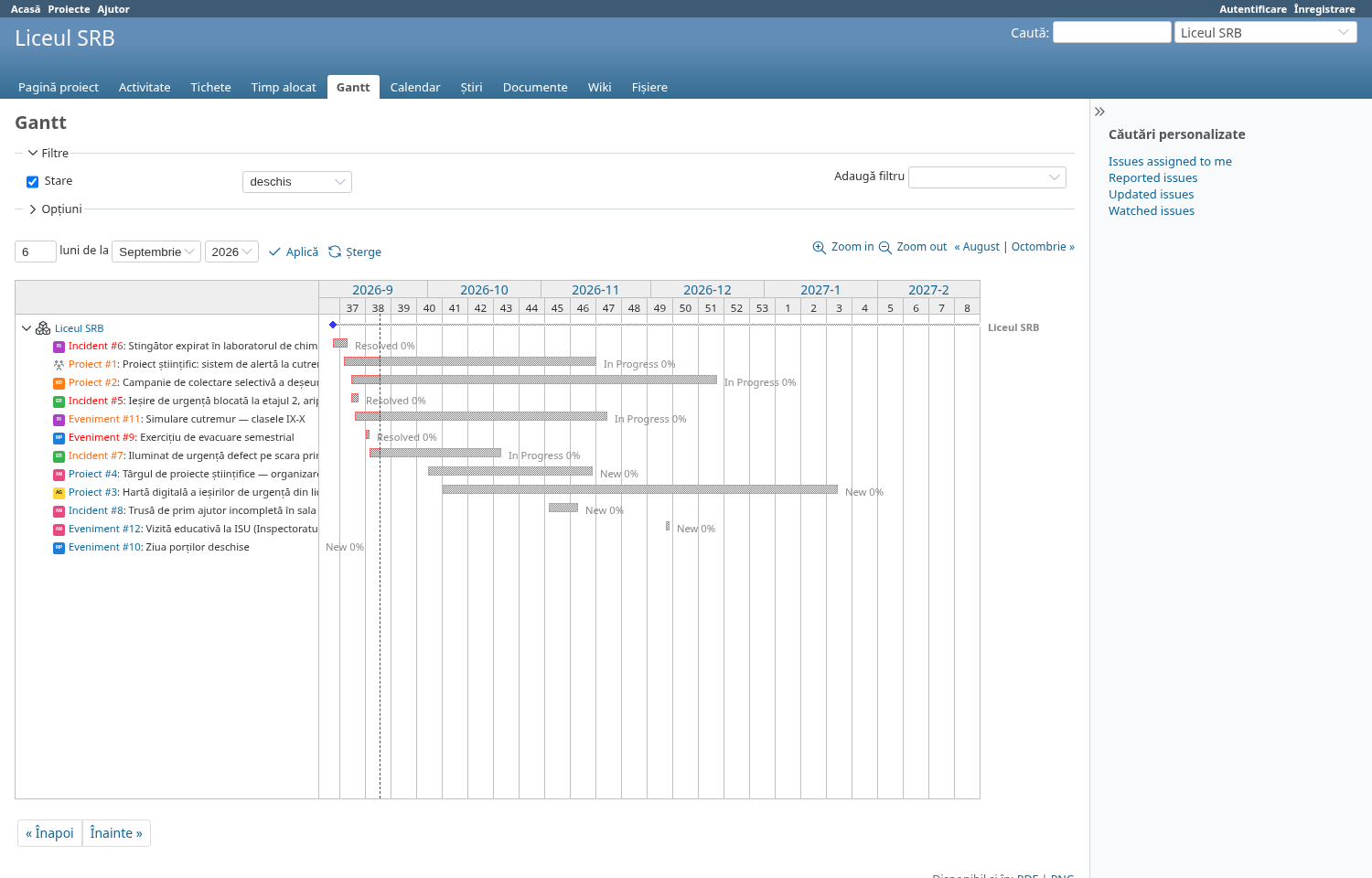 Screenshot of a school platform's Gantt chart