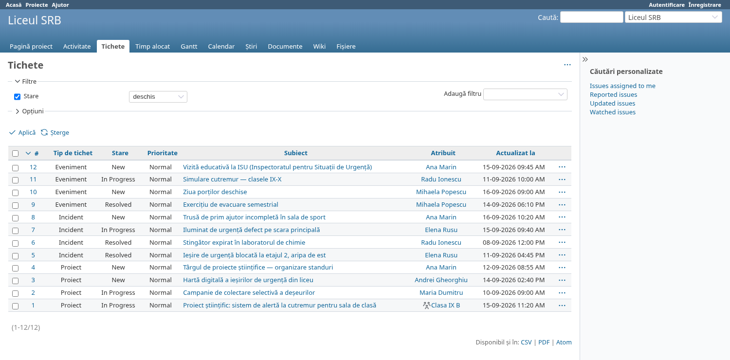 Screenshot of a school's list of projects, incidents, and events