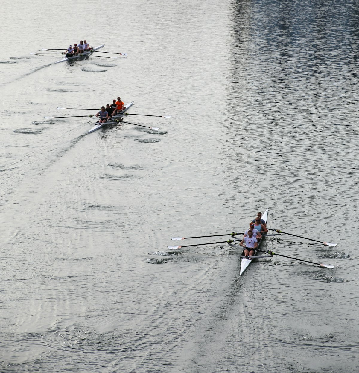 Three rowing crews racing on a river, working in coordinated effort